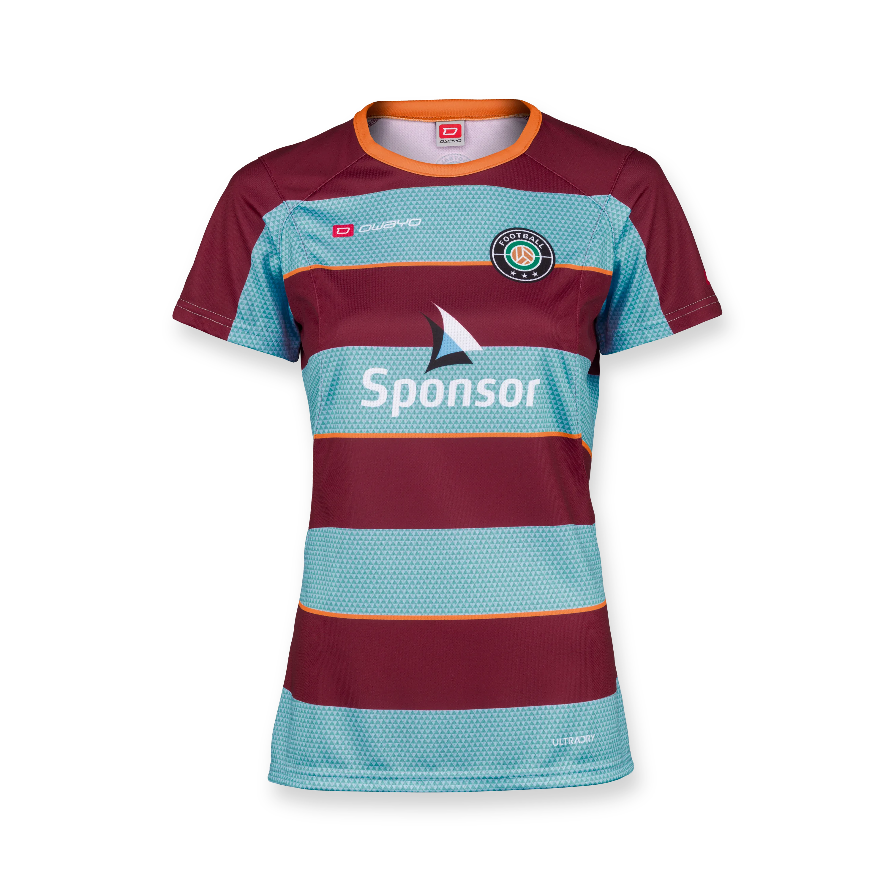 A red and blue striped sports jersey with a round neckline and a sponsor logo on the front.