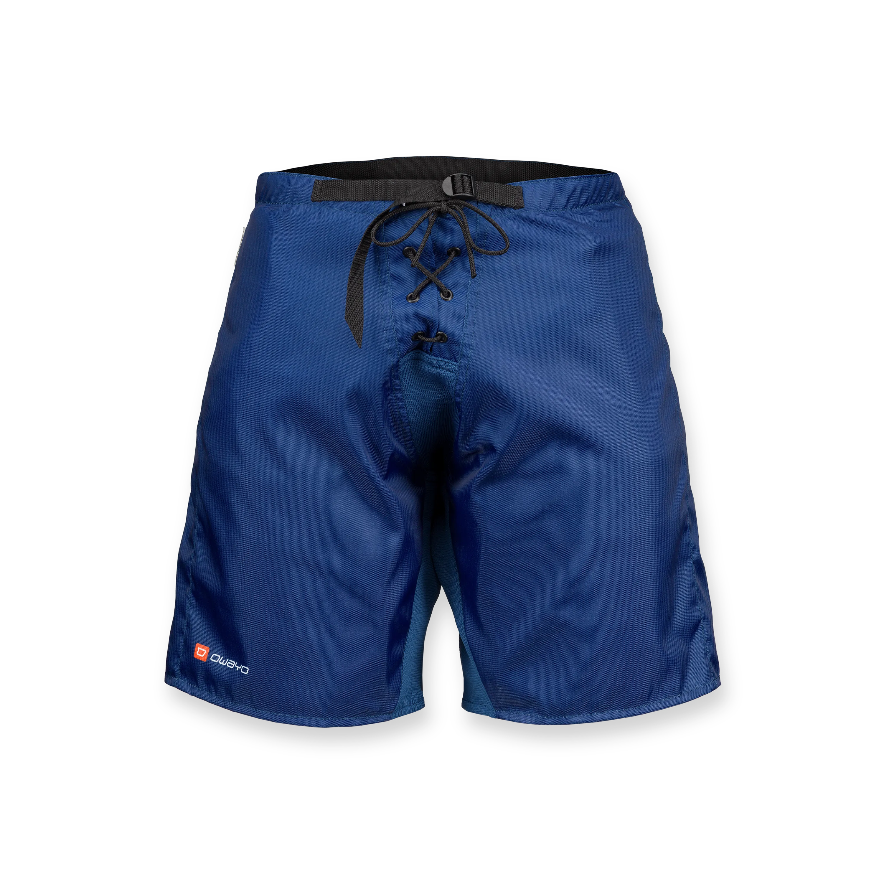 A front view of blue sports shorts with a drawstring and elastic waistband.