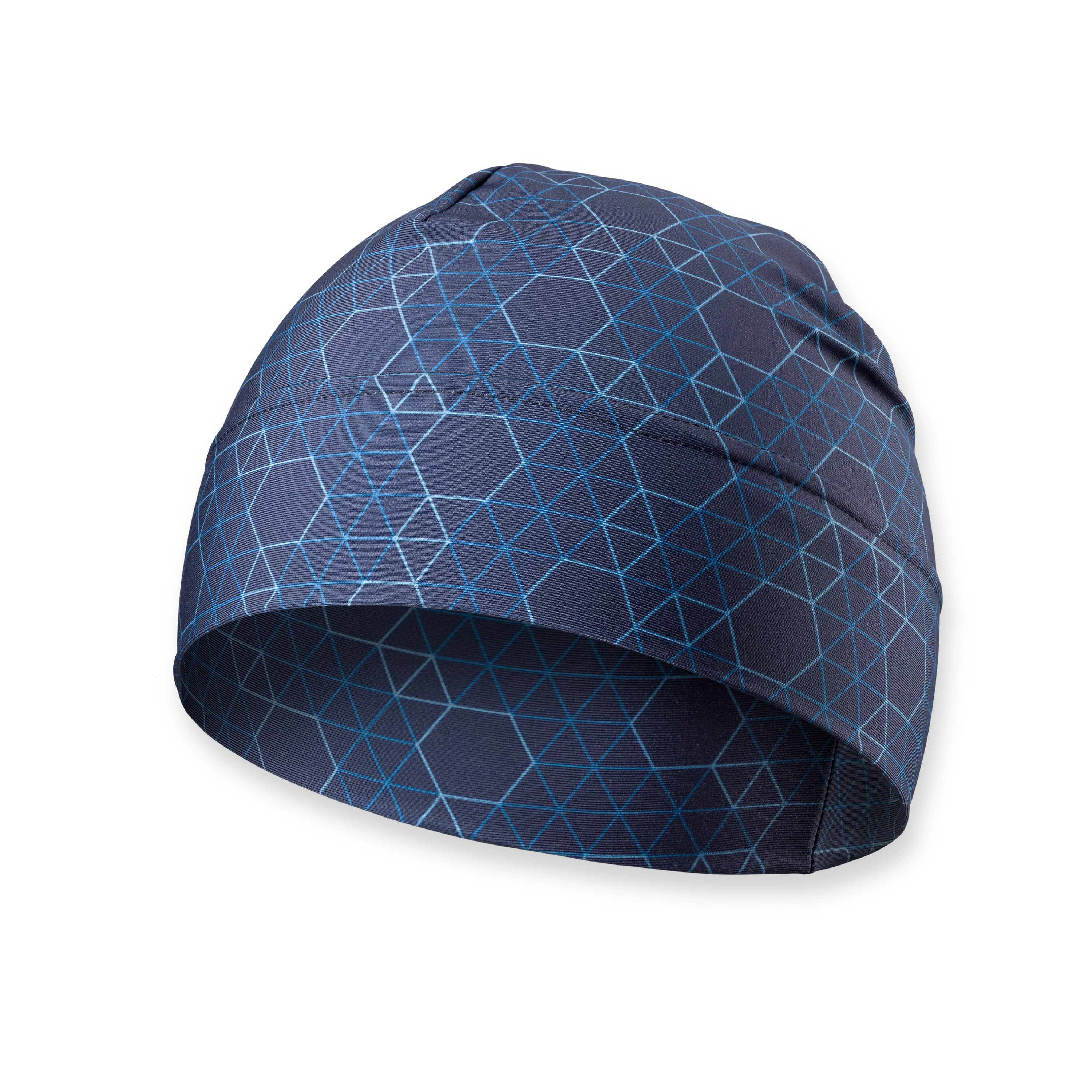A dark blue beanie featuring a geometric pattern of light blue lines and hexagonal shapes.