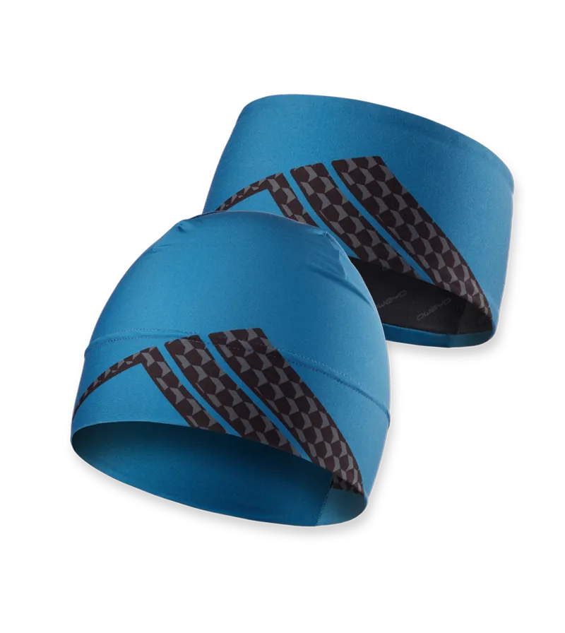 Two blue headbands with a geometric pattern in black and gray, offered by owayo.
