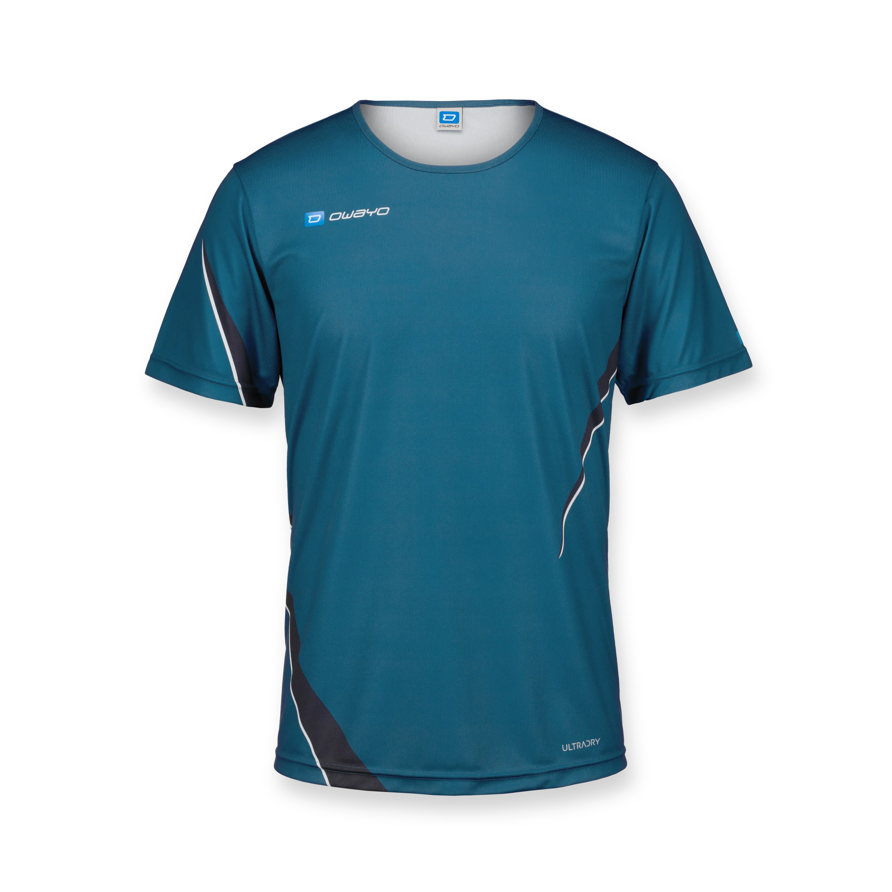 A short, blue sports shirt with white and black accents, ideal for athletic activities.