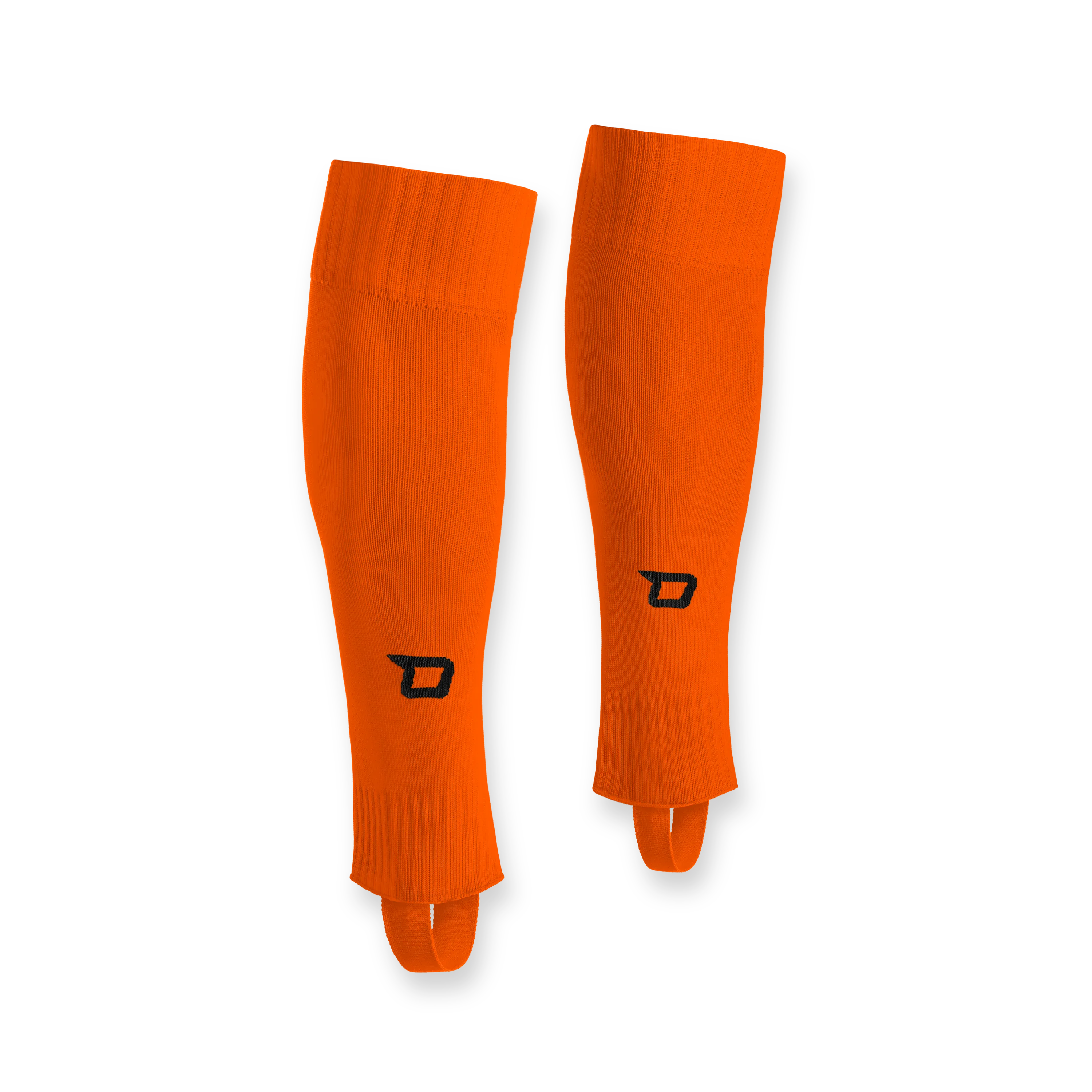A pair of bright orange shin guards with black accents.