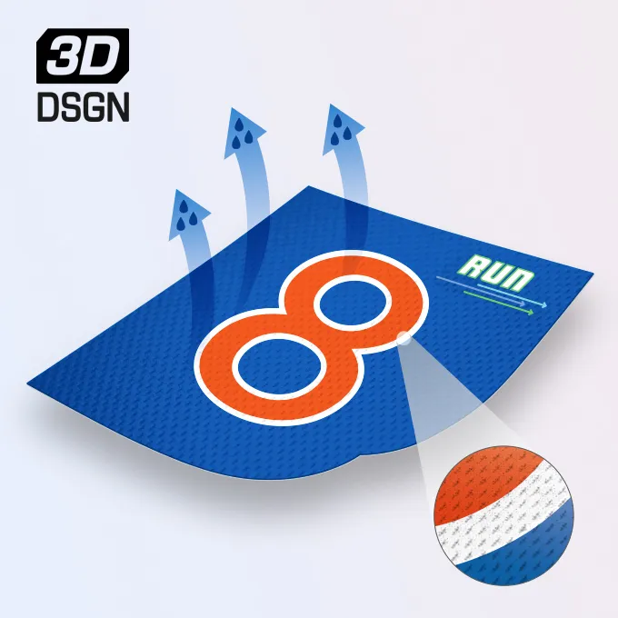 A blue fabric featuring a prominent orange '8' and the word 'RUN', with textured details and a magnified section displaying a small color pattern.