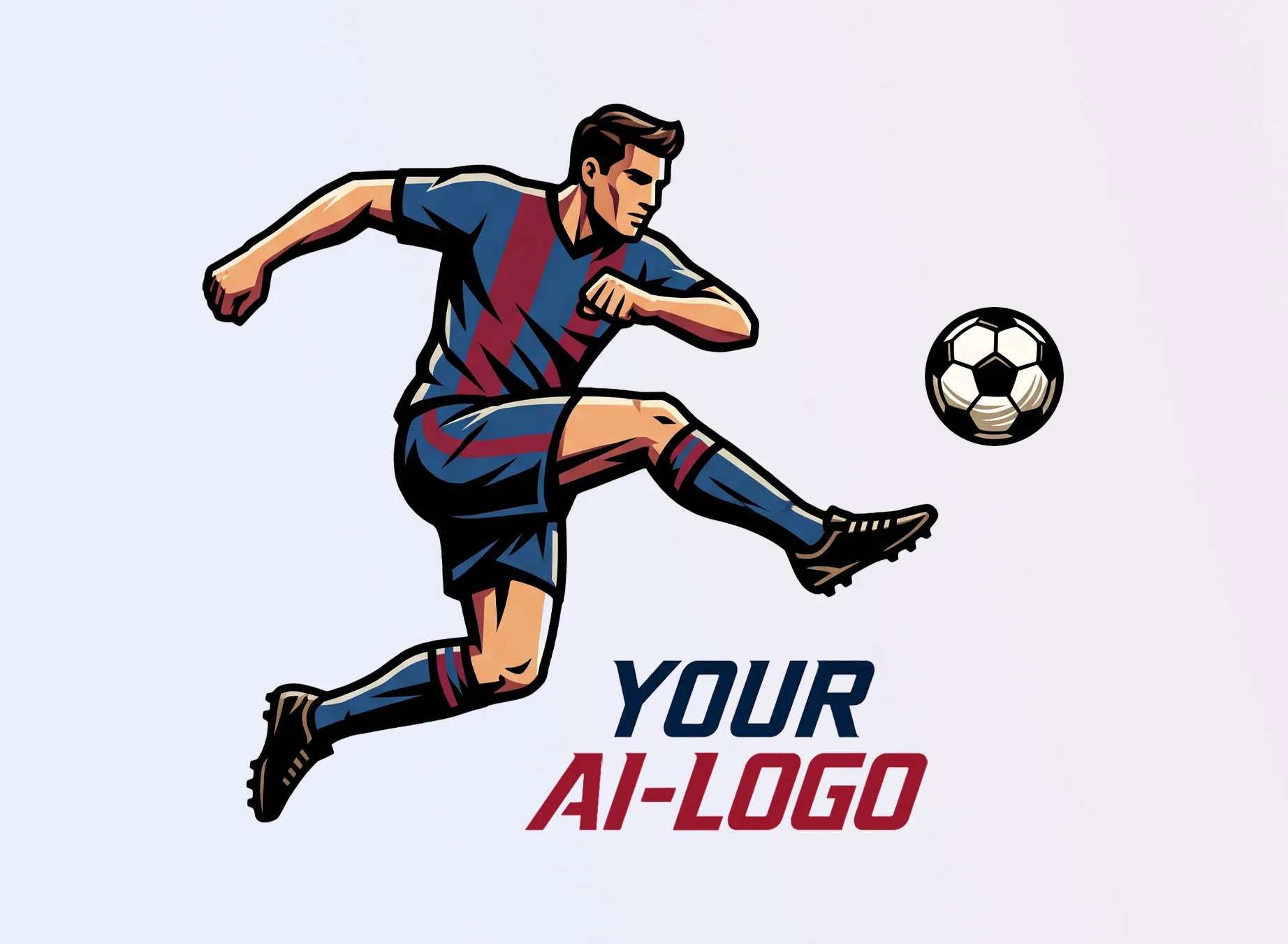 A stylized soccer player in blue and red jerseys kicking a soccer ball with his right foot.