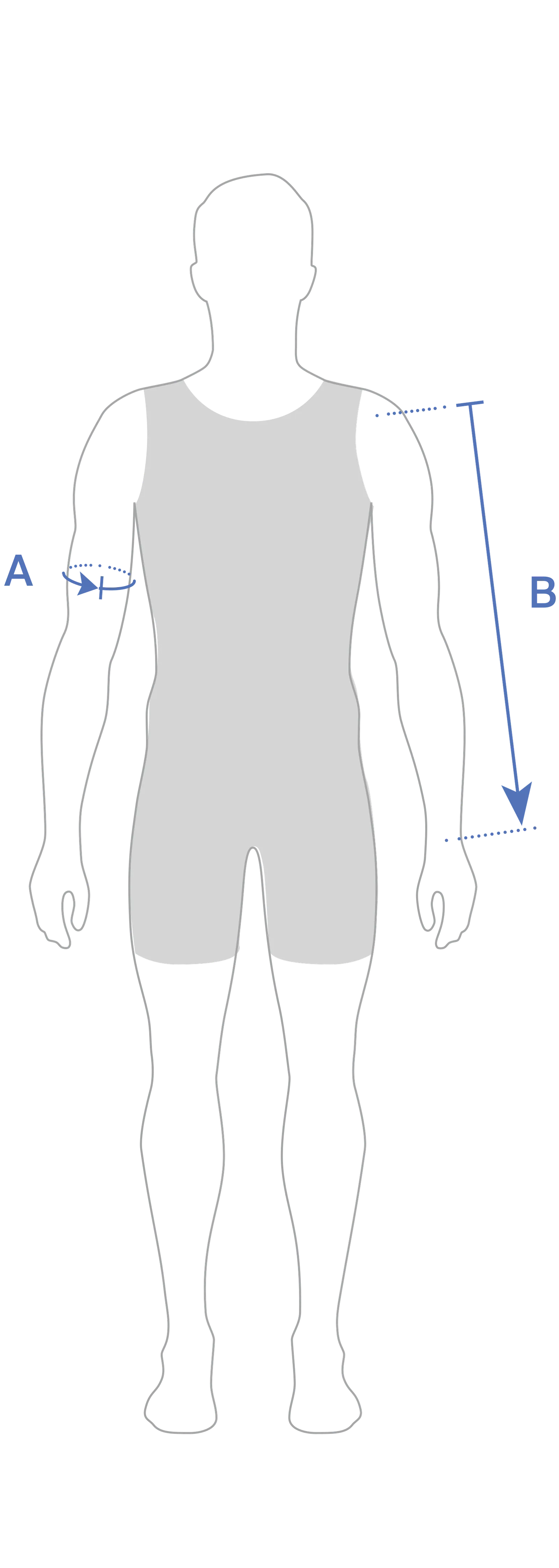 A schematic illustration of a person in sportswear with measurement lines A and B indicating arm length.