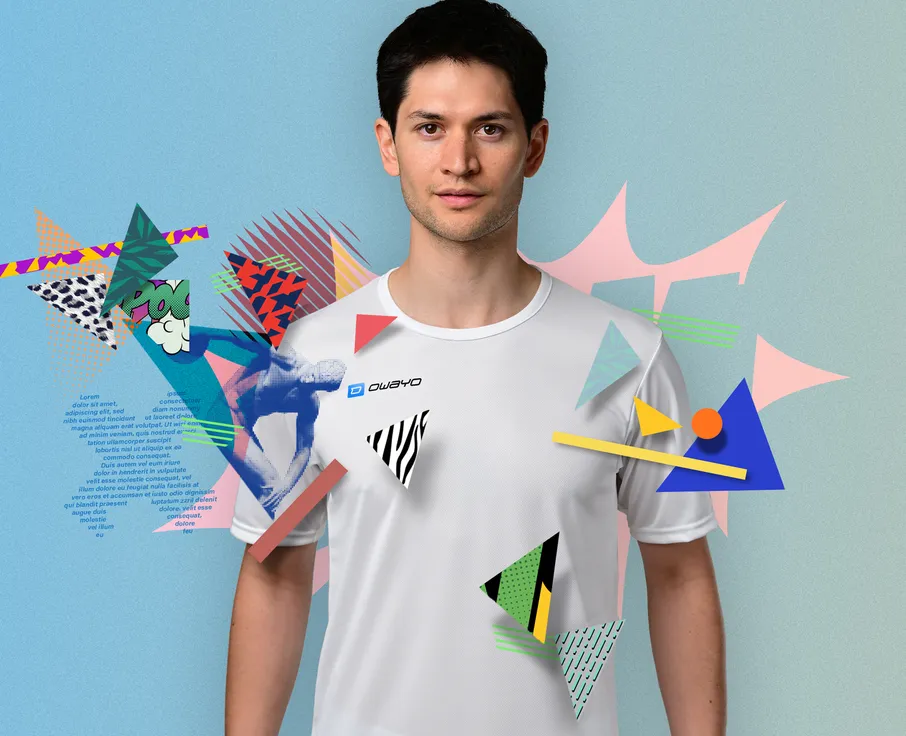 A young man is wearing a white sports shirt with graphic elements in the background.