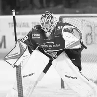 A hockey goalie in full gear, including helmet, mask, gloves, and leg pads, is in a defensive stance on the ice.