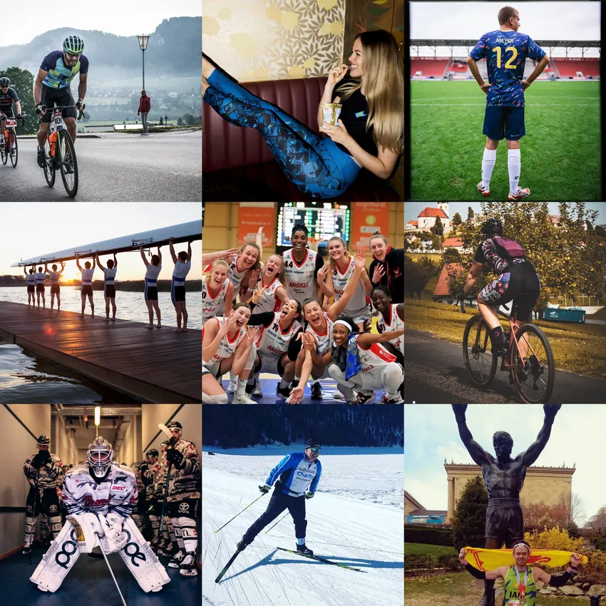 A collage of athletes in various activities, including cycling, basketball, rowing, and cross-country skiing, wearing customized sportswear.
